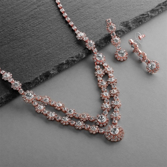 Rose Gold ✨ Two Row Rhinestone 💎Necklace & Earrings Set LuxFashionGalleria.com - Picture 2 of 6